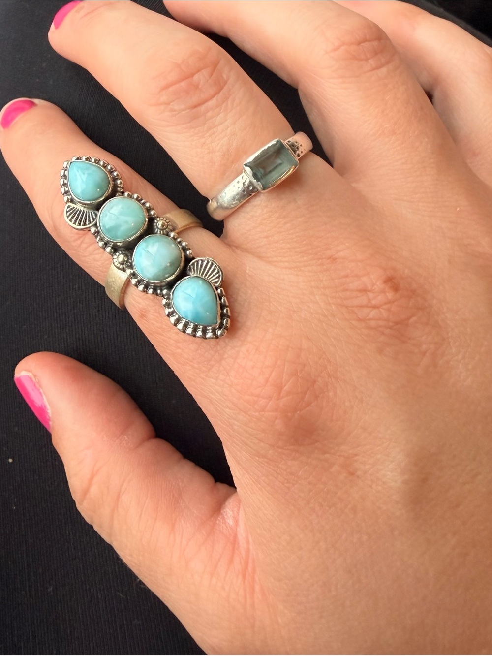 Larimar Turquoise Four Stone 925 Sterling Silver Adjustable Ring - Women Jewelry